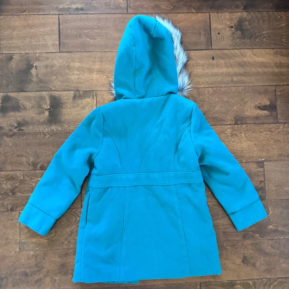 Cat & Jack Girls Green Faux Fur Hooded Pea Coat Jacket XS 4-5